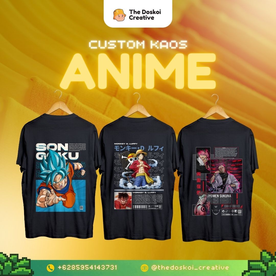 Wujudkan karakter anime favoritmu di kaos dengan Doskoi Creative! Kami menyediakan layanan custom kaos anime dengan desa