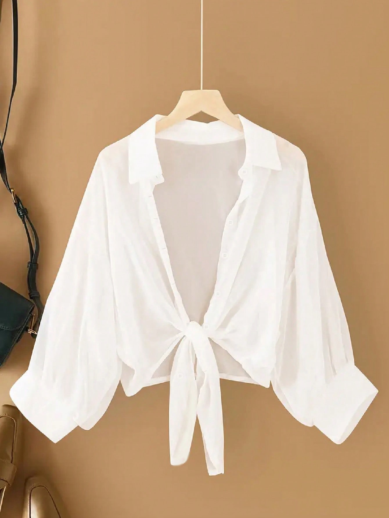 New Bat Wing Cropped Casual Chiffon Women Solid Color Shirt thumbnail