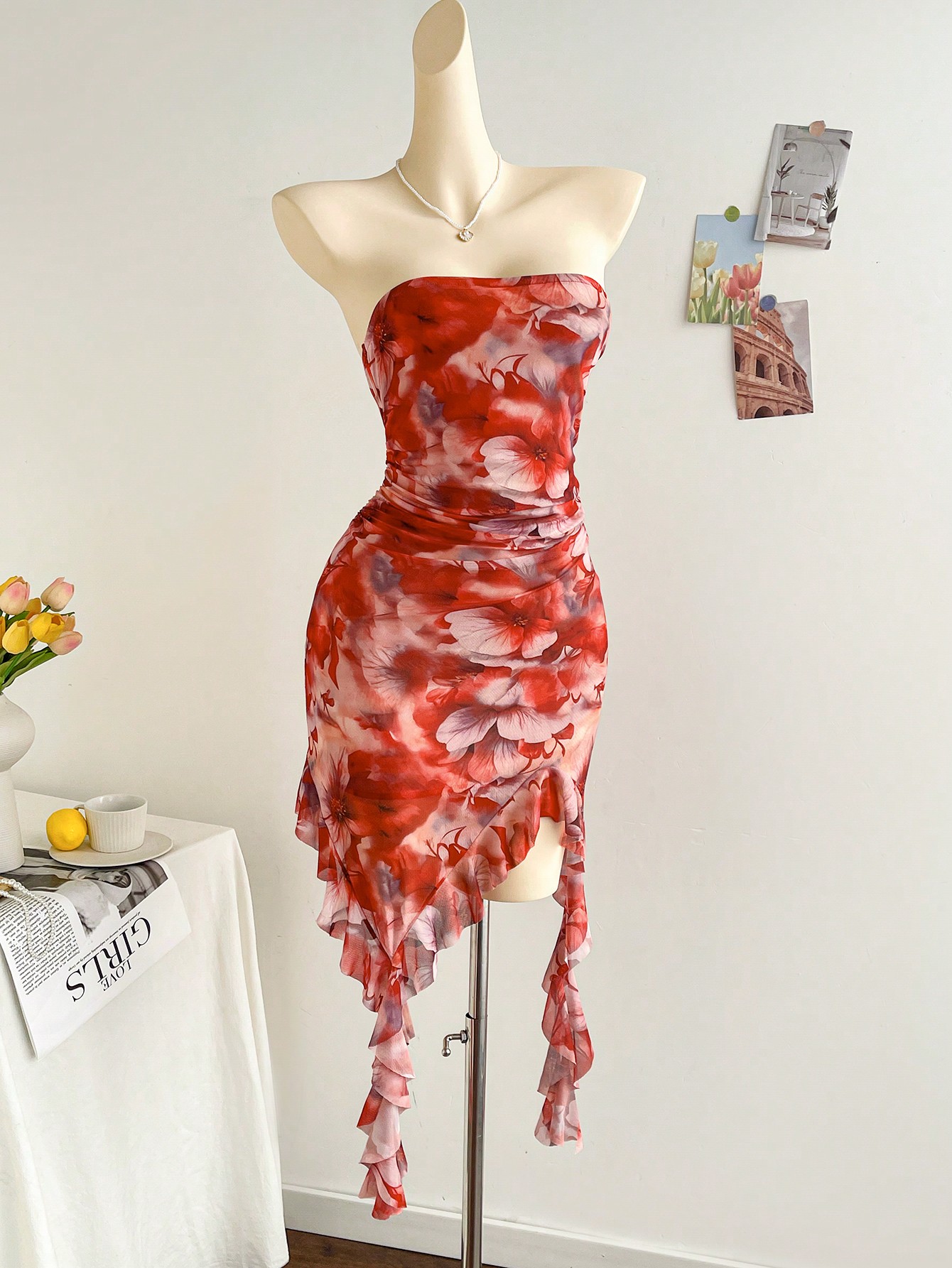 Soleia Sexy Floral Watercolor Print Strapless Ruffle Mini Dress thumbnail