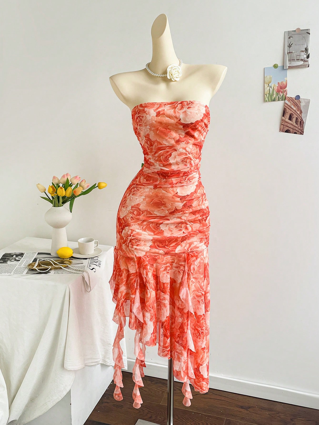 Soleia Floral Mesh Ruched Dress, Halter Style, Romantic Holiday thumbnail