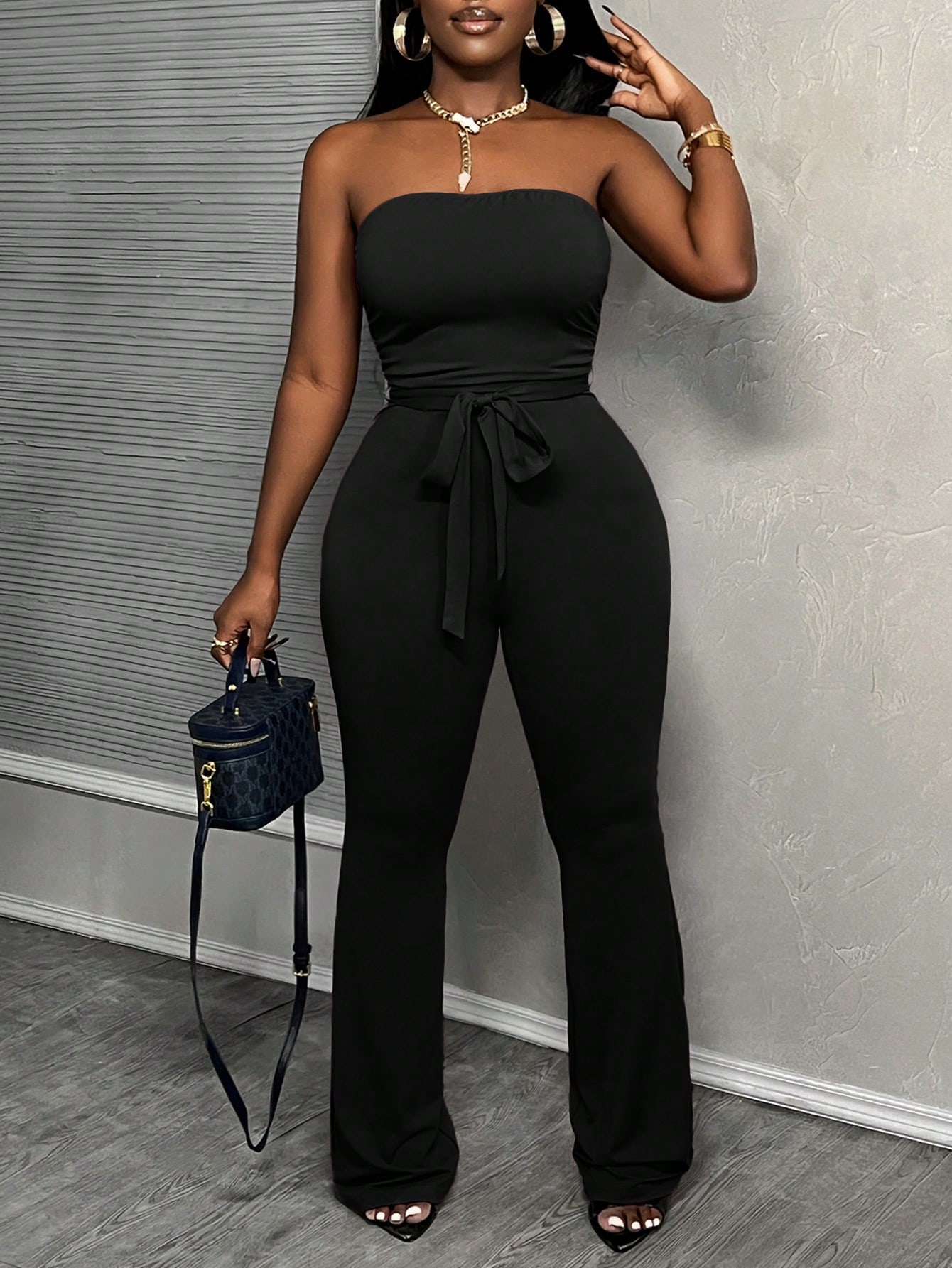 Slaydiva Casual Basic Elegant Purple-Red Waist Belt Strapless Flared Pants Women's Jumpsuit -E thumbnail