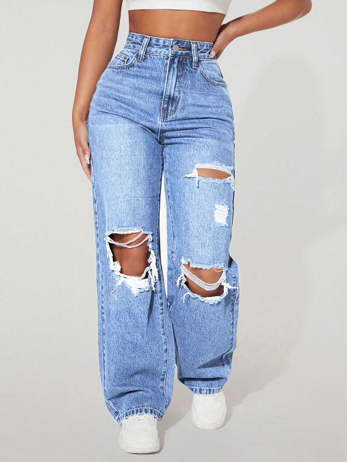 SHEIN PETITE Women's Straight-Leg Loose Distressed Pockets Casual Denim Jeans thumbnail