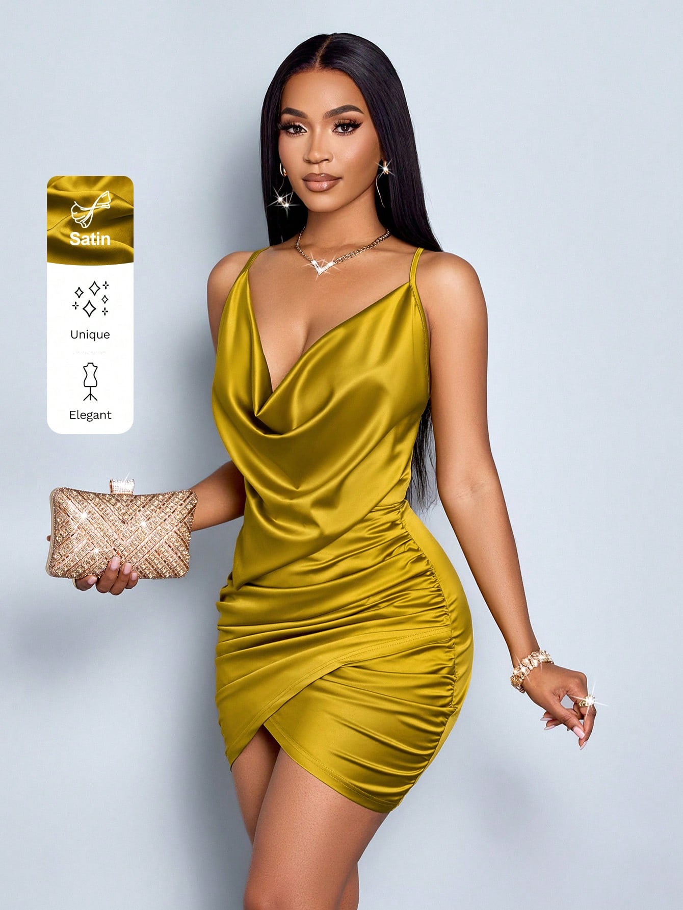 SOLERSUN Elegant Solid Color Draped Collar Backless Ruched Satin Party Bodycon Short Dress thumbnail