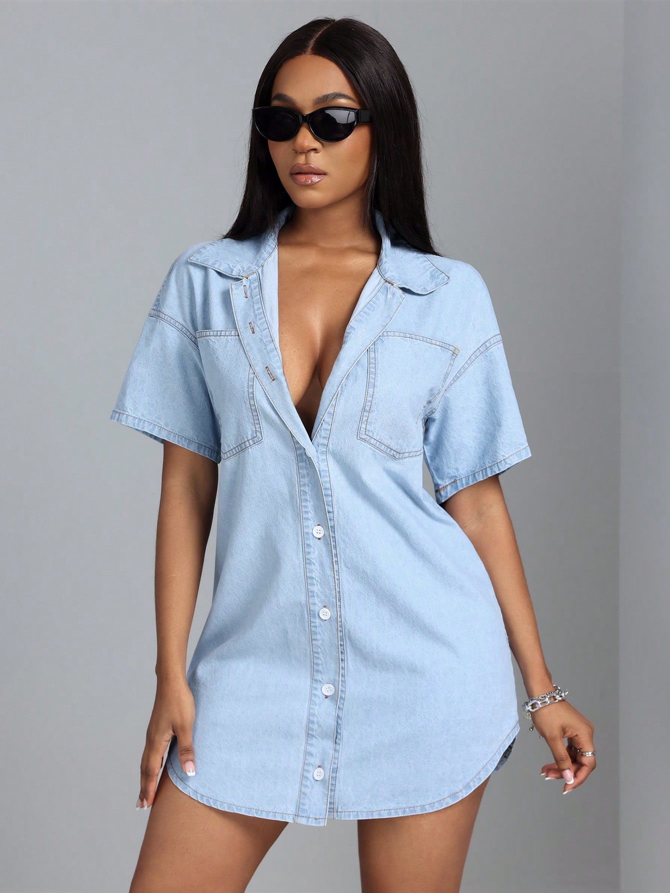 SHEIN SXY Women Simple Solid Color Denim Dress For Daily Wear thumbnail
