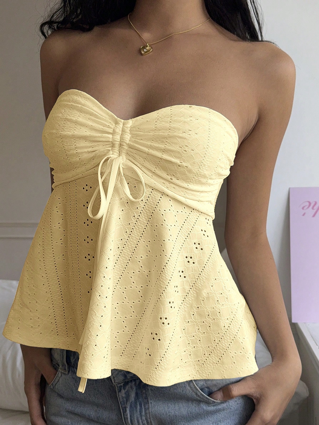 CovetEZ Casual Mustard Yellow Knit Bandeau Top For Summer,Tube Top thumbnail