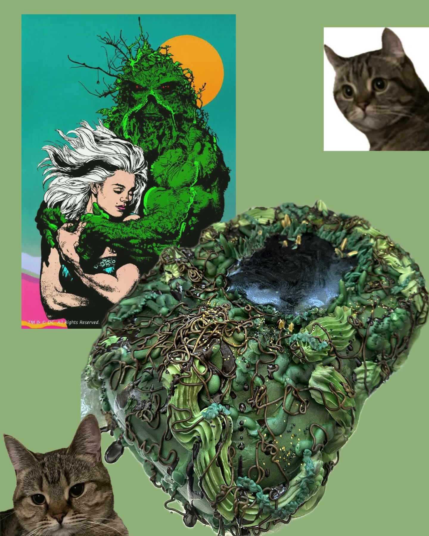 A marsh-swamp-bog hefty boy of a cake with a lemony gelatin swamp for @tbwilds beautiful sister cats Frog 🐸 and Bug’s 🐛 