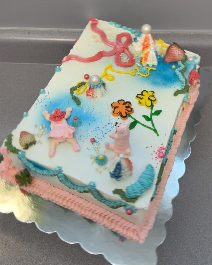 A collage of a cake plus some snacks and swans to celebrate future baby Mia (the best name ever) for vip cake customers 