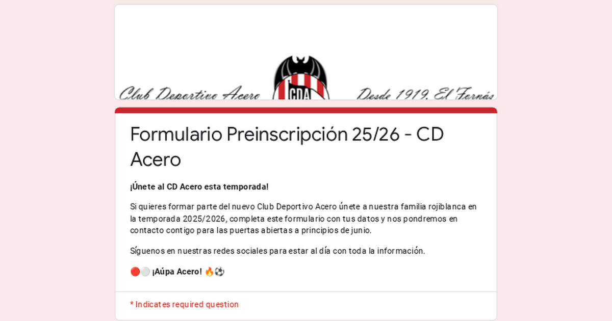 Formulario Preinscripción 25/26 - CD Acero thumbnail