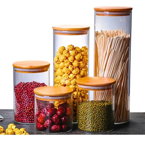 Kit 5 Potes De Vidro Herméticos Com Tampa De Bambu Para Mantimentos, Grãos, Café, Massas E Cereais - Nybc Transparente thumbnail
