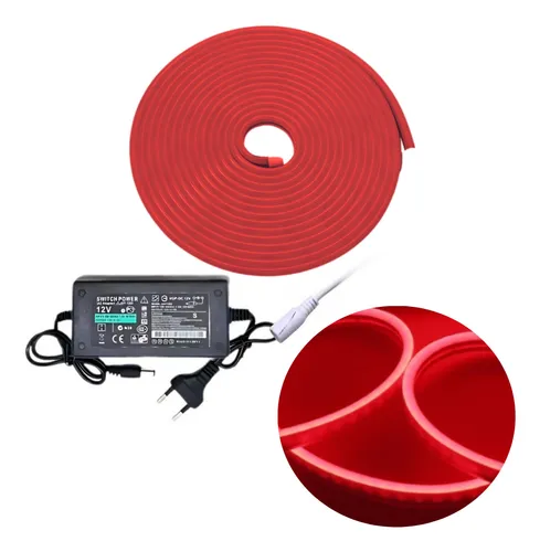 5m Mangueira Fita Led Neon Corte2,5cm Alto Brilho+ Fonte Cor Da Luz Vermelho thumbnail