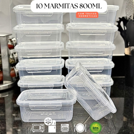 Kit 10 Marmita fitness Potes 800ml Travas Laterais --> BPA FREE organizadores de alimentos vasilhas. thumbnail