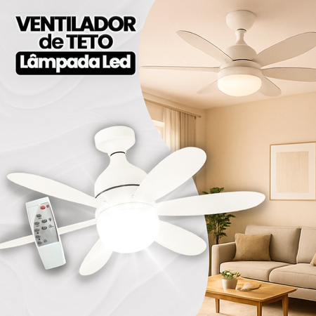 Ventilador Luminária Led 6 Pás Lâmpada Soquete Bocal E27 Teto 3 Cores Luz Branco Amarelo Bivolt thumbnail