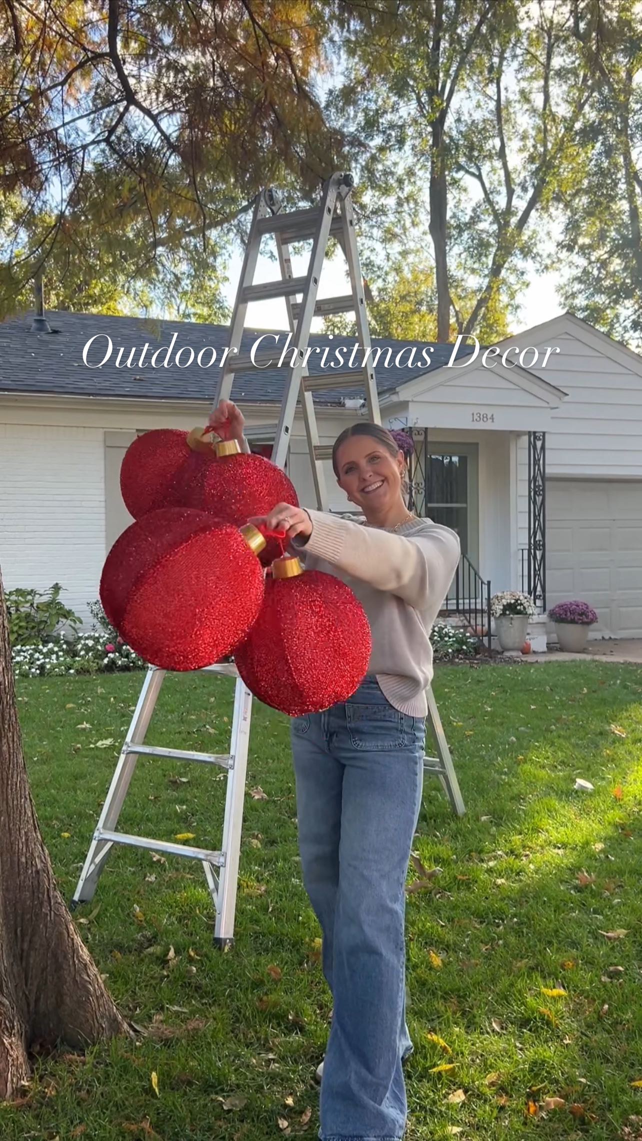 Affordable and easy outdoor Christmas decor! I grabbed these 12” inflatable tinsel ornaments to add to my tree! How cute