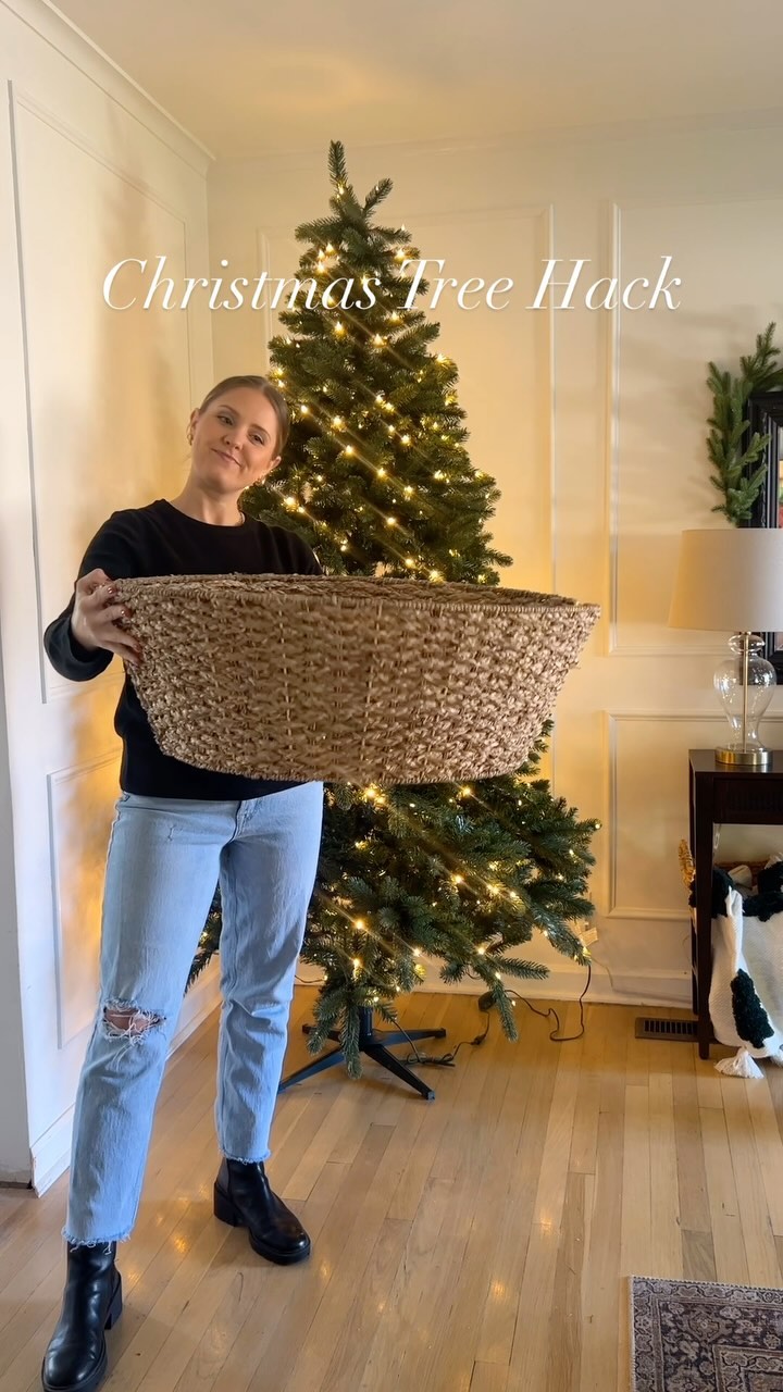 Christmas Tree basket hack! Just flip your tree collar upside down for the look of an oversized basket for your Christma