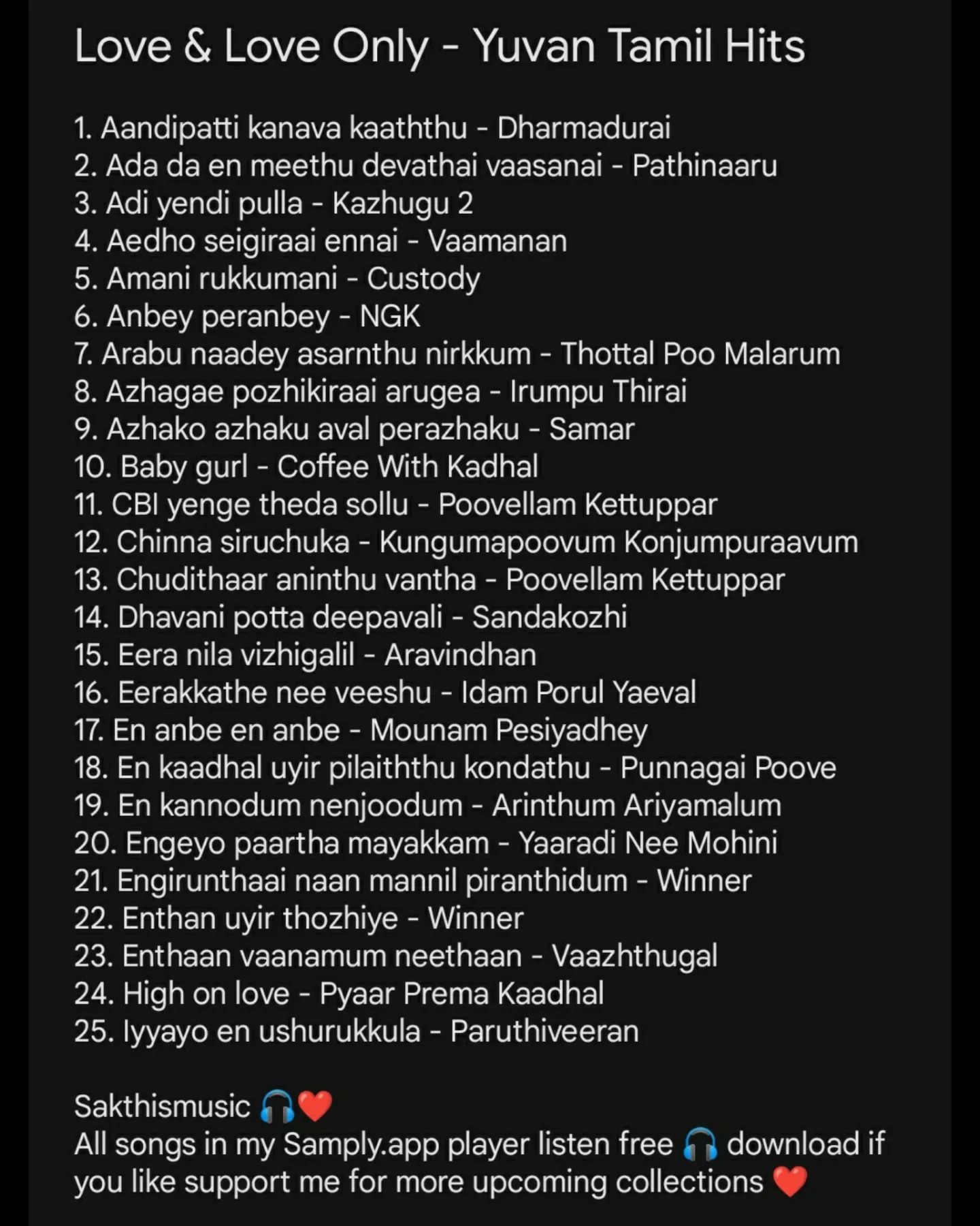 Love & Love Only (Yuvan Tamil Hits Collections) ✨
Part 1 (25/100) All about Yuvan Love Collections 🎧❤️
All 100songa in m