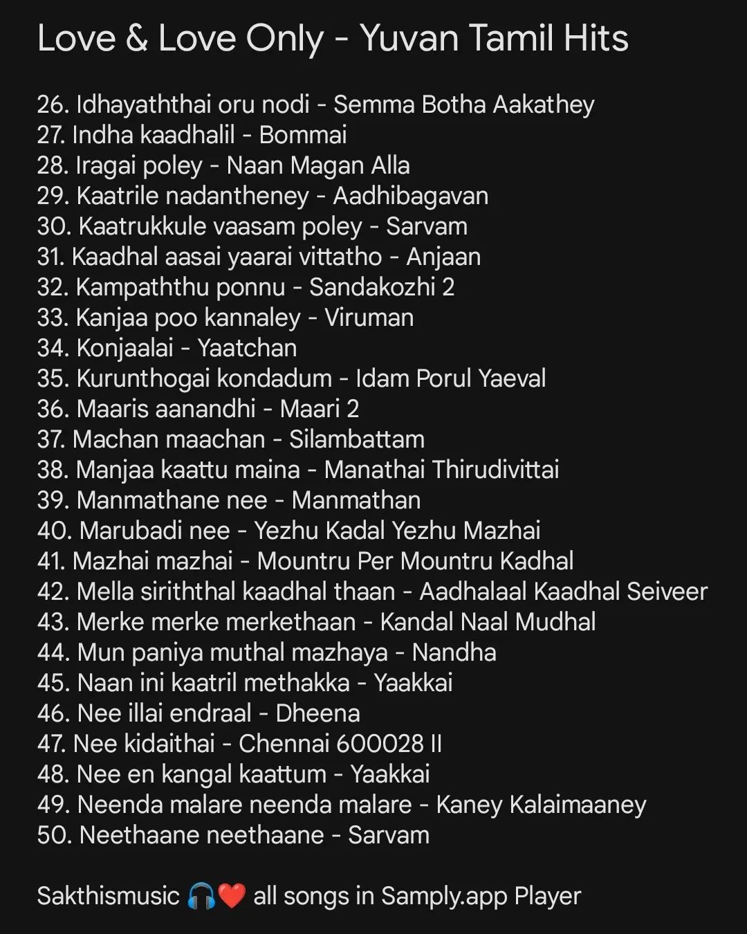 சர்வம் 🤌🏽❤️🎧✨
Love & Love Only (Yuvan Tamil Hits Collections) ✨
Part 1 (50/100) All about Yuvan Love Collections 🎧❤️
All
