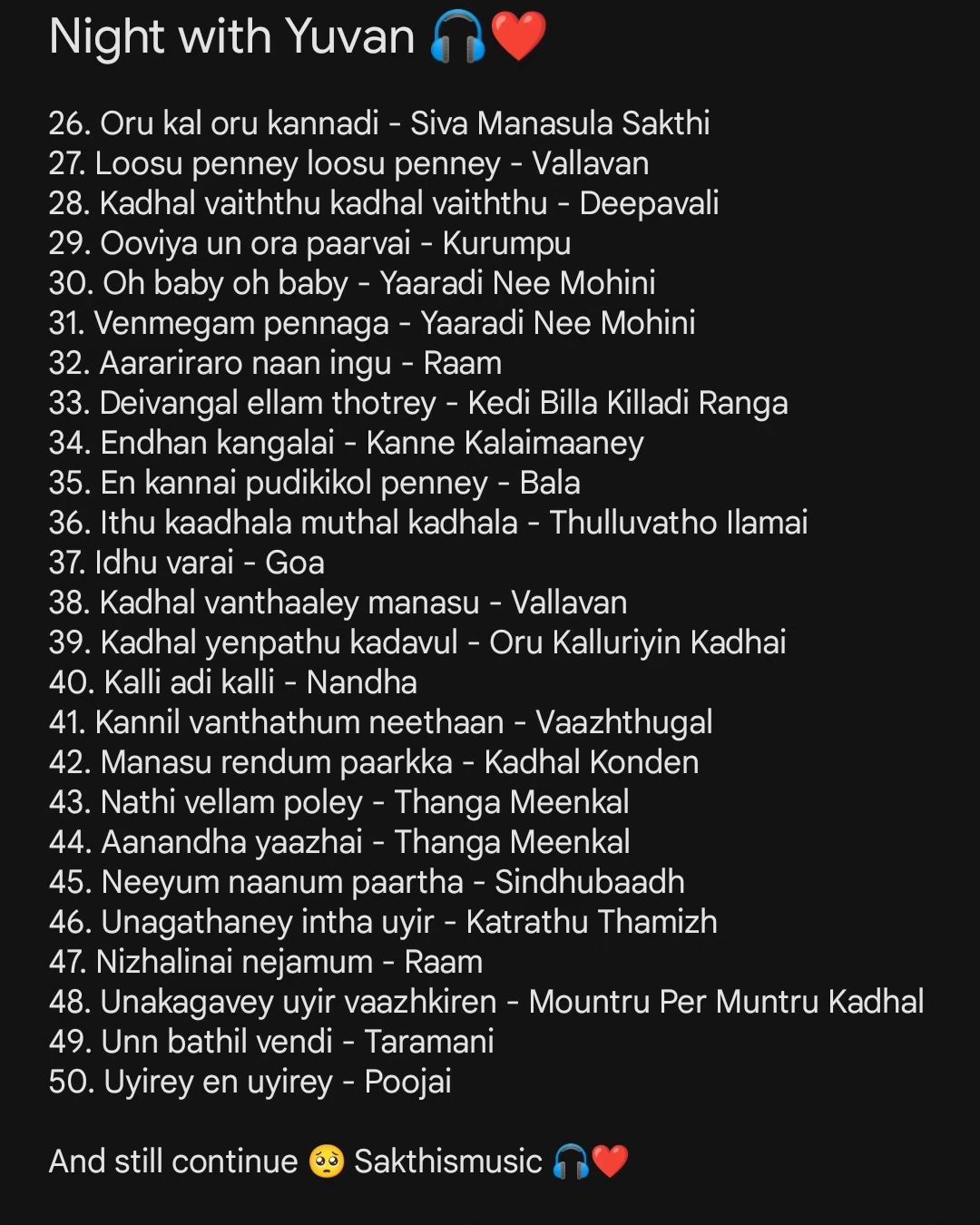 நீயும் நானும் பார்த்த வானம்
தேய்கிறதே...
தேய்கிறதே...
மார்பின் மீது வாழும் வாசம்
கேட்கிறதே...
கேட்கிறதே... 

#playlist #