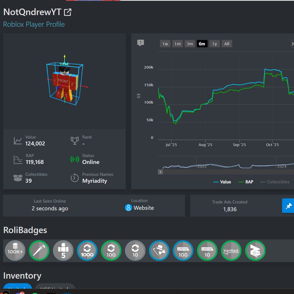 [Rolimons.com] My Roblox Limited Trading Profile (SELLING CLEAN LIMITEDS FOR USD / CRYPTO, DM) thumbnail