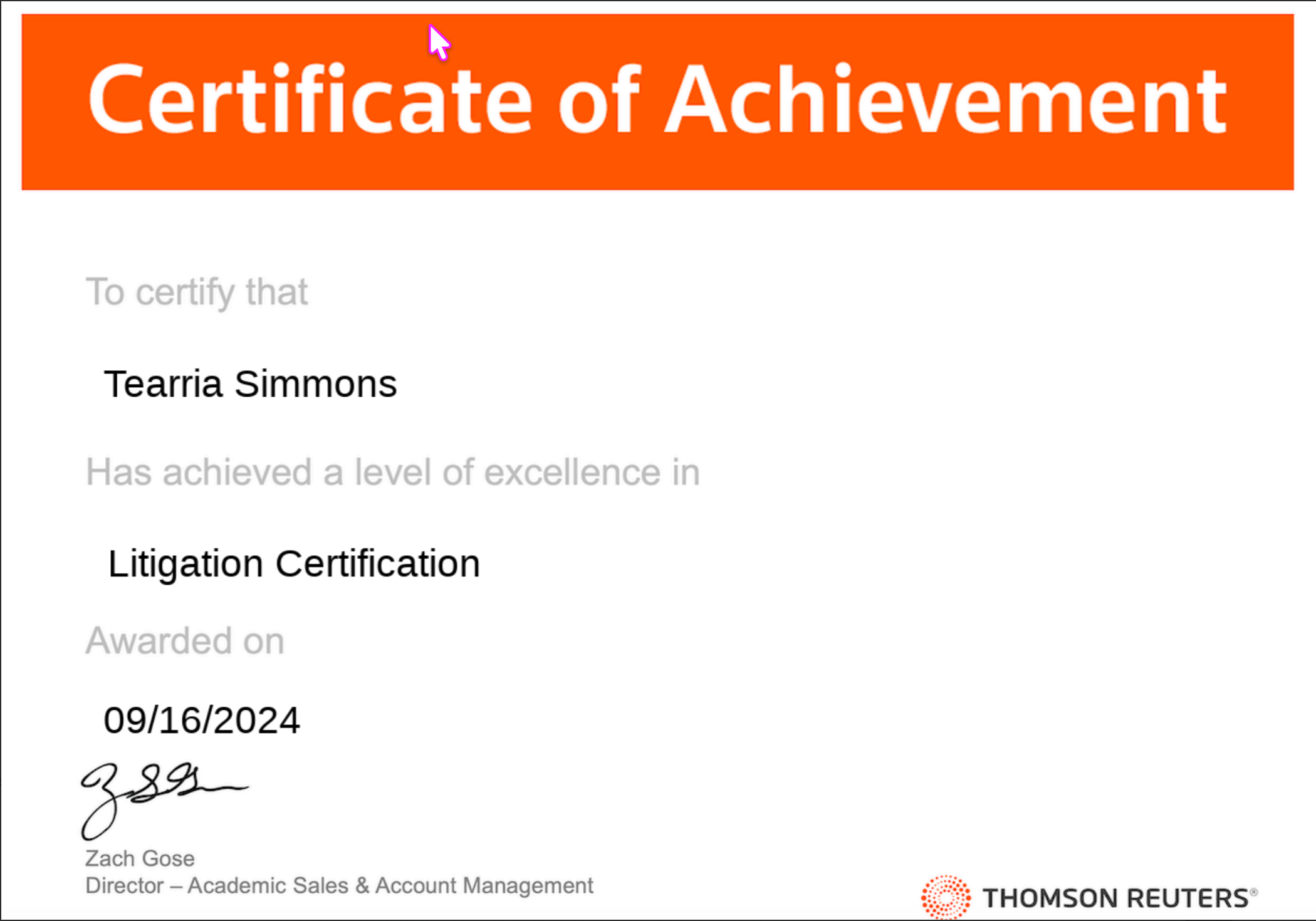 Litigation Certification from West Law thumbnail