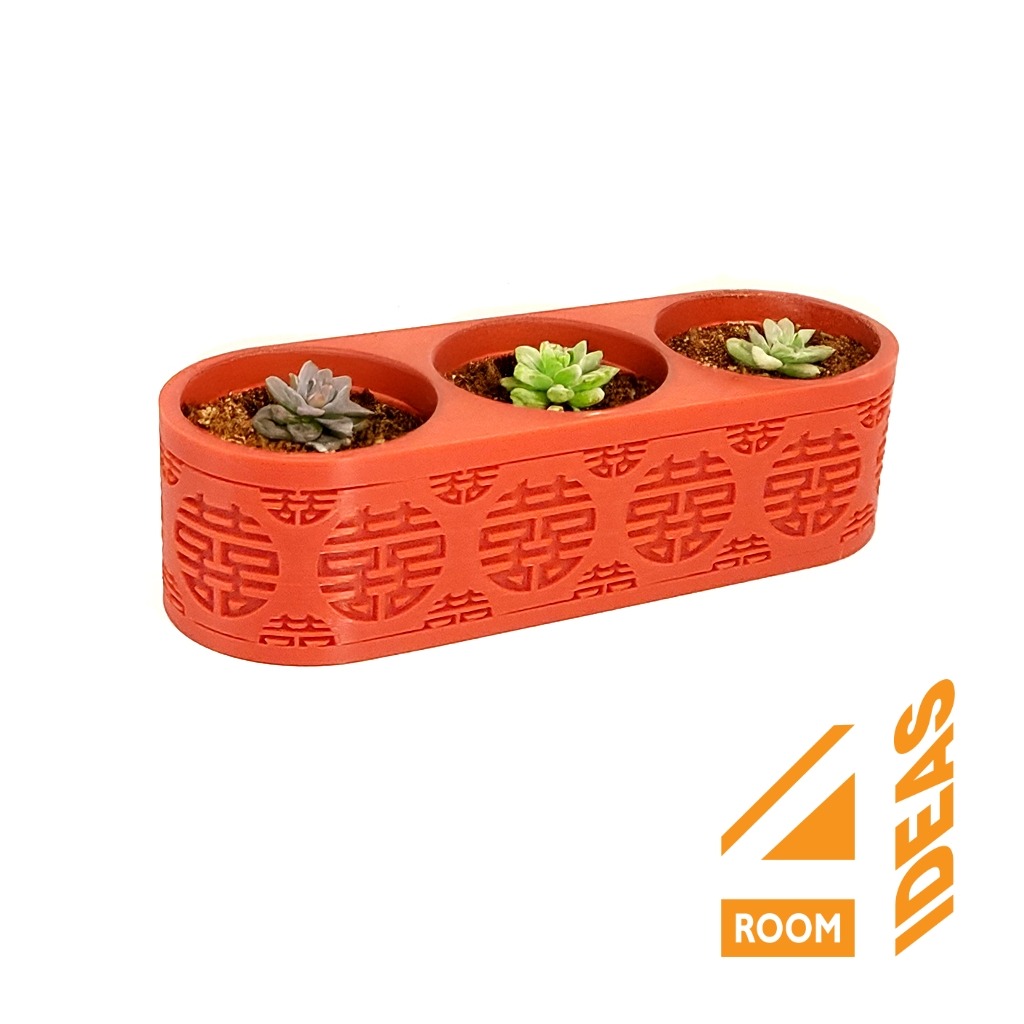 Succulent Triple Planter Chinese Style - Double Happiness thumbnail