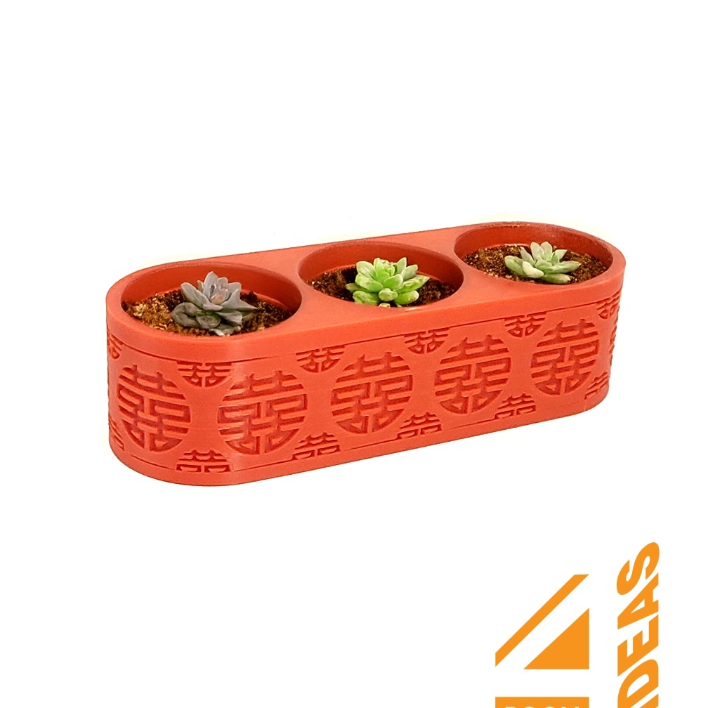 Succulent Triple Planter Chinese Style - Double Happiness thumbnail