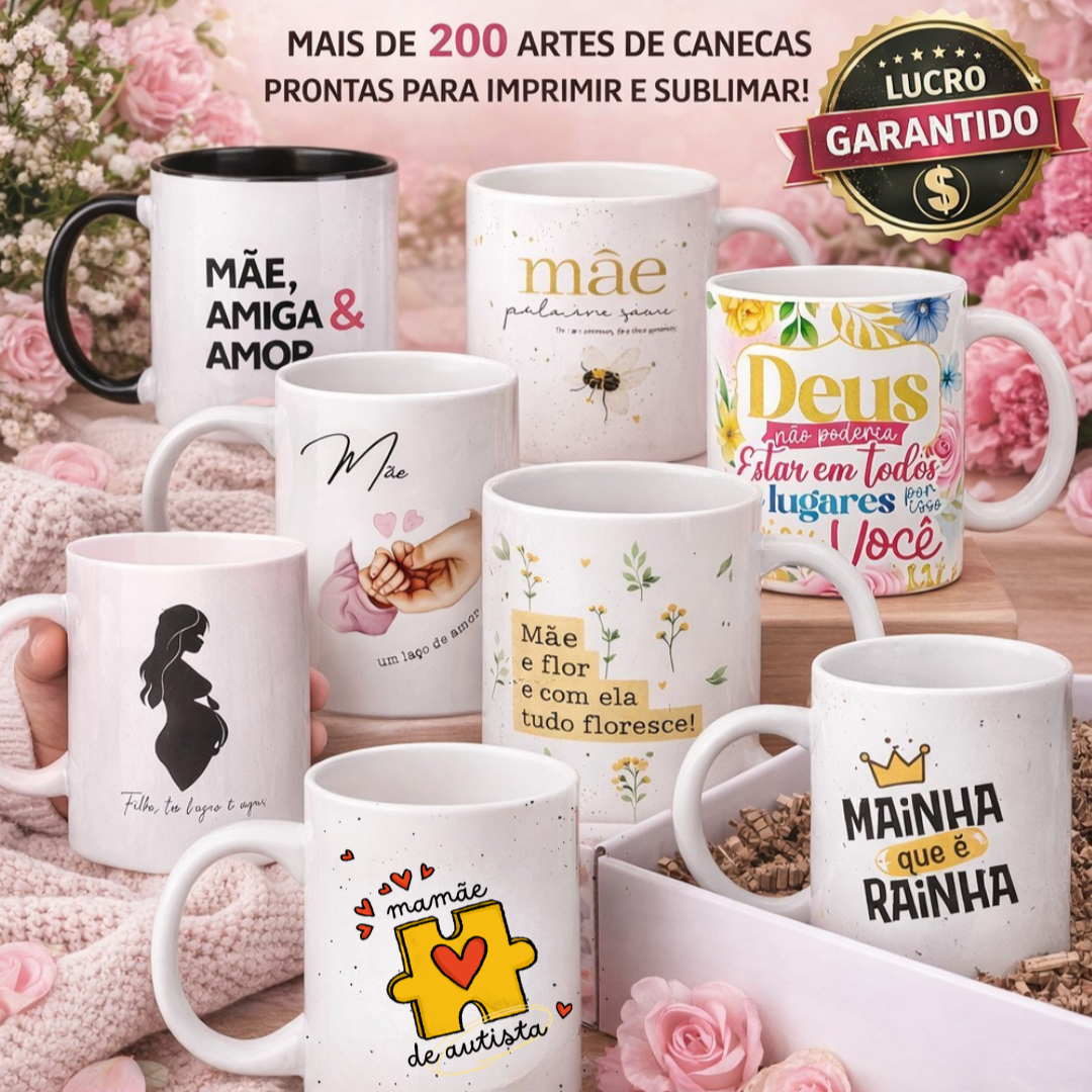 Pacote mais de 200 artes de canecas Dia das Mães | Arquivo Digital thumbnail
