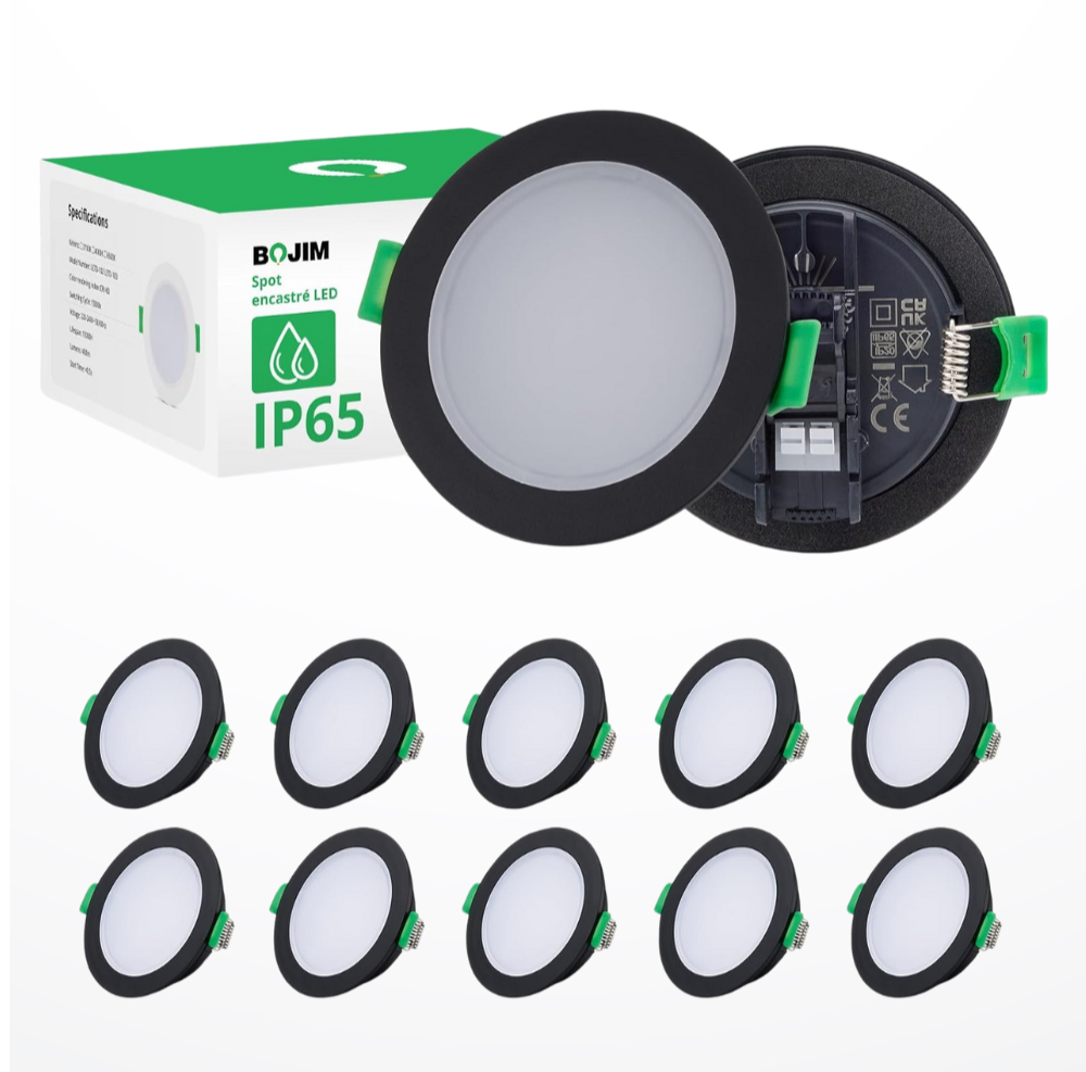 Bojim Spot LED Encastrable Noir Salle de Bain IP65, 220V Trou 68mm - 80mm Extra Plat, Blanc Neutre 4000K 5.5W, Éclairage Encastré Spot de Plafond pour Cuisine Chambre Salon thumbnail