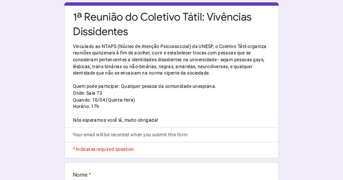 FORMULÁRIO: 1ª Reunião do Coletivo Tátil: Vivências Dissidentes thumbnail