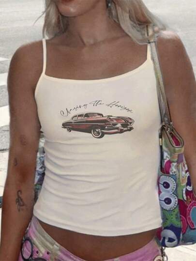 SHEIN EZwear Top de alcinha justa casual e simples   com Estampa de Carro para mulheres, adequado para o verão thumbnail