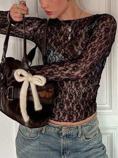 Top Sexy de Manga Longa Slim com Renda Floral, Roupas Casuais de Rua para Primavera Verão, Férias, Festa e Clube em Estilo Y2K thumbnail