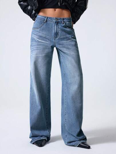 Minimalana Jeans de Perna Reta Casual e Versátil de Cor Sólida com Bolsos para Mulheres thumbnail