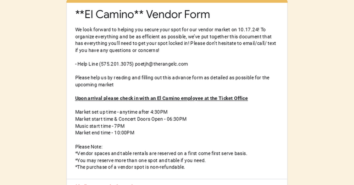 El Camino Mercado Vendor Sign-up Form | October 17, 2024 thumbnail