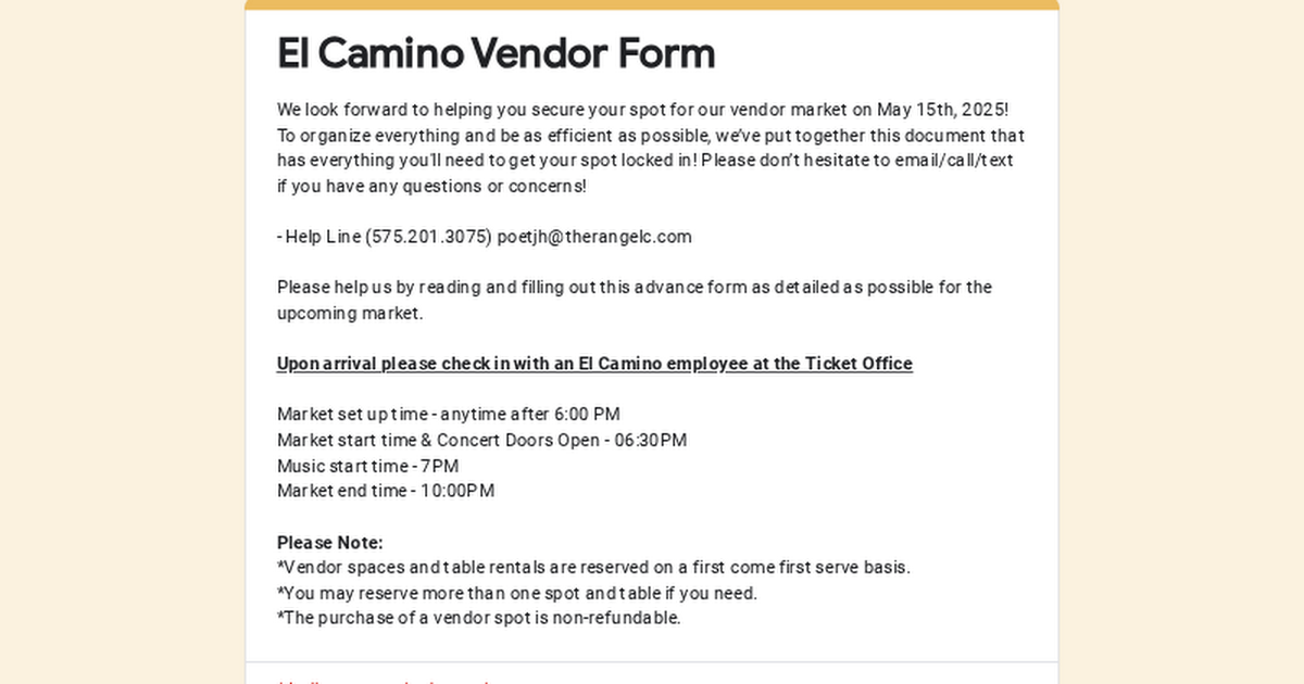 El Camino Vendor Signup Form | May 15th thumbnail