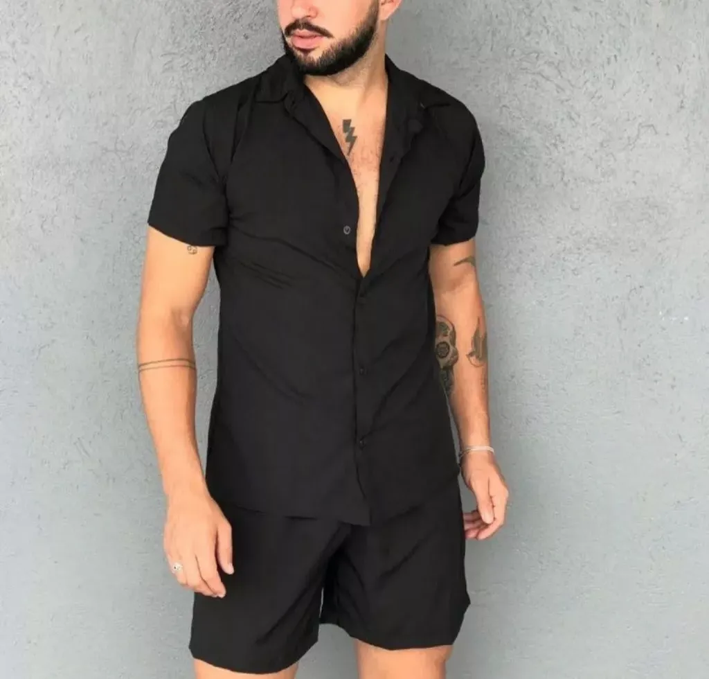 Conjuntos masculino slim fite manga curta tecido viscolinho thumbnail