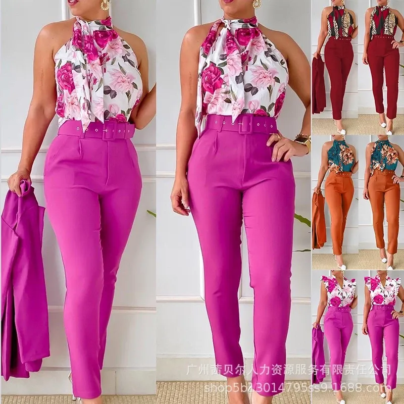 Novo estilo feminino fato floral de fato -Floral sem Manga com Cinto thumbnail