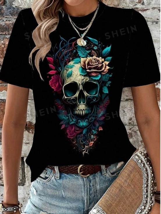 Camiseta masculina e feminina com manga curta e estampa de caveira COLORIDA thumbnail