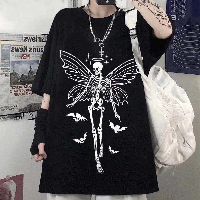 Camiseta T- shirt algodão de caveira esqueleto - Moda Punk Shull Butterfly Unissex Nova TRENDY FIALOVA thumbnail