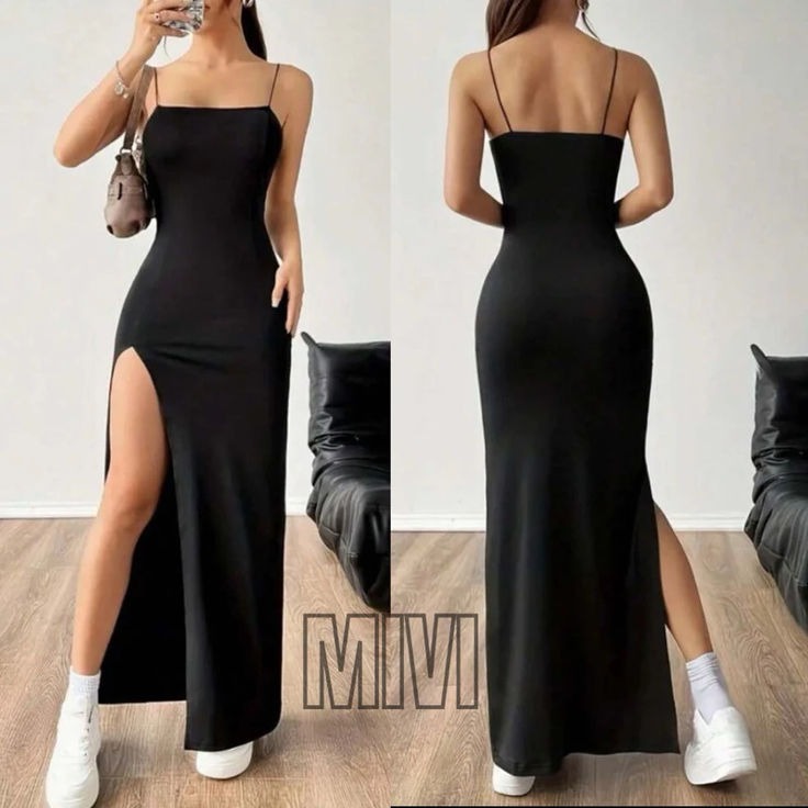 Vestido Longo feminino com Fenda Sensual alças Finas tecido canelado thumbnail