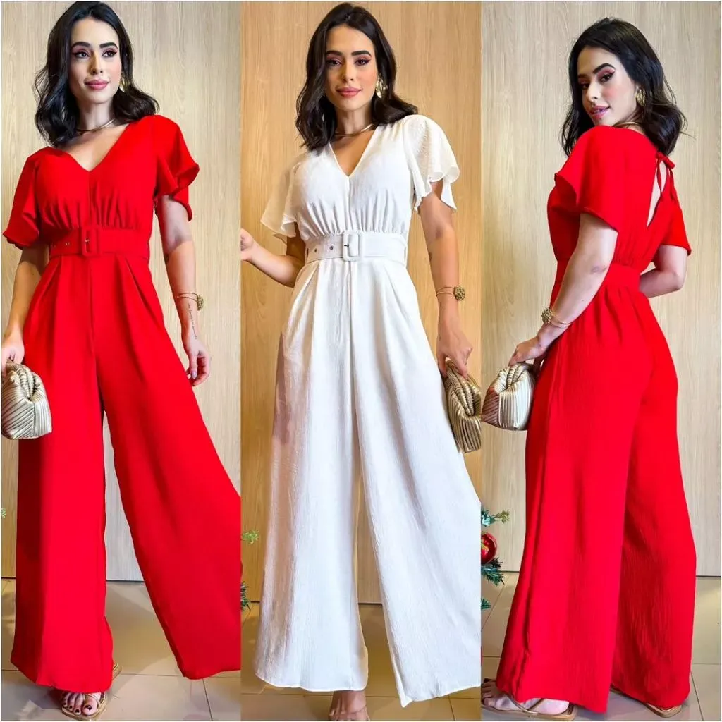 Macacão longo de tecido Duna com cinto e sem bojo thumbnail