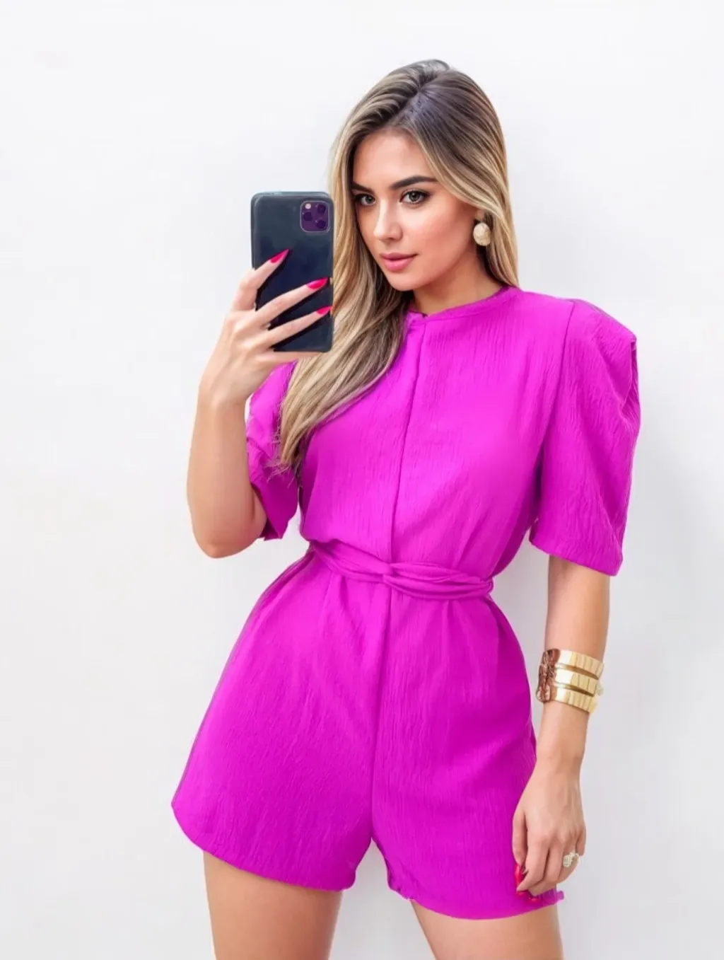 Macaquinho feminino curto manga bufante princesa com cinto thumbnail