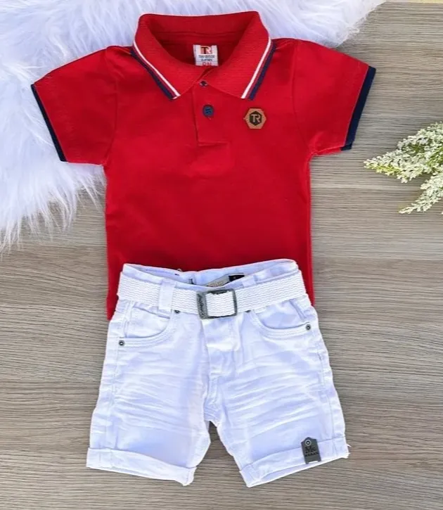 Conjunto infantil para batizado e festa  Com camisa polo e bermuda thumbnail