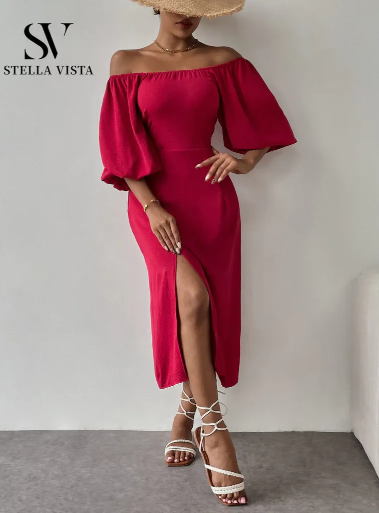 SV Vestido midi feminino elegante para férias, com decote ombro a ombro e decote quadrado thumbnail