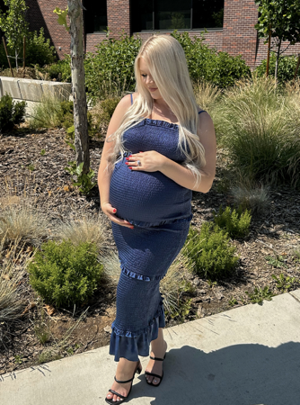 Blue Smocked Maternity Maxi Dress thumbnail