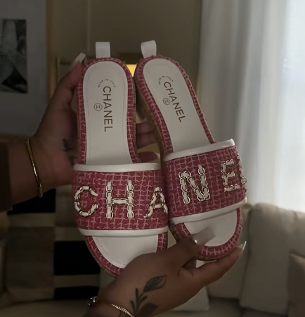 chanel pink and white tweed sandals  thumbnail