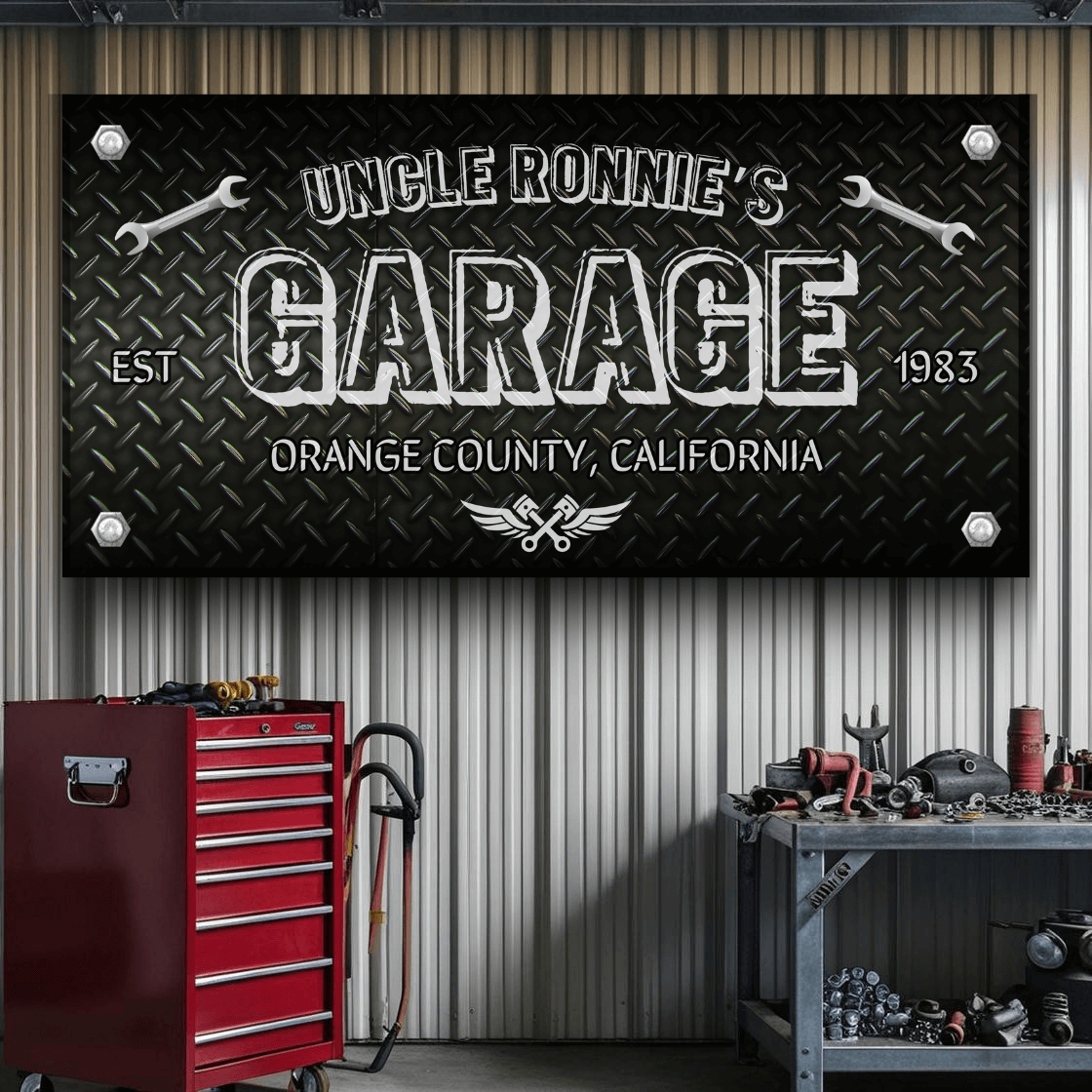 Personalized Diamond Plate Mechanic Theme Garage Sign thumbnail
