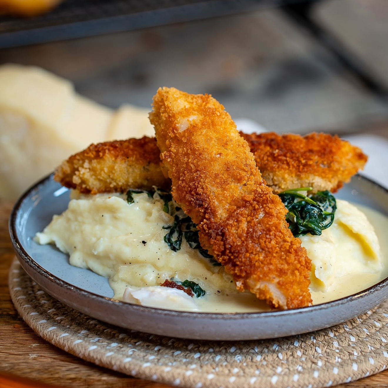Fischstäbchen mit Spinatsoße und Kartoffelpüree thumbnail