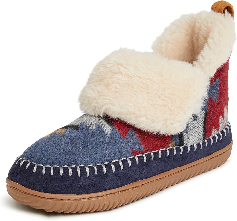 Amazon.com | Dearfoams Women's Alpine Moritz Outdoor Arch Support House Shoe Bootie Slipper, Navy Multi, 9-10 | Slippers thumbnail