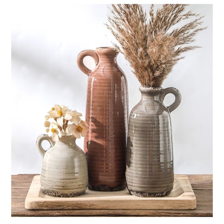 Ceramic Vases Set of 3, Neutral Rustic Farmhouse Vase with Handle, Decorative Flower Vases Home Decor Modern Boho Pampass Vase for Table Mantel Entryway Shelf Living Room Kitchen Bathroom - Brown Amazon's Choice 800+ bought in past month thumbnail