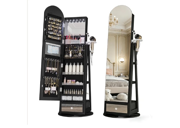 LVSOMT 360° Swivel Arched Jewelry Mirror Cabinet, 64"H Standing Jewelry Armoire with 6 LED Lights, Lockable Jewelry Organizer, Arch Full Length Mirror with Storage, Inner Makeup Shelf, Drawers (Black) thumbnail