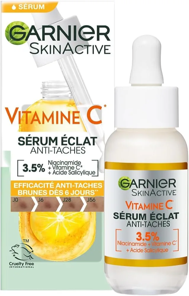 4.44.4 out of 5 stars(23,729)  Garnier SkinActive Vitamin C Brightening Serum for Face, with Vitaminc C, Niacinamide & Salicylic Acid, Brightens Skin, Reduces Dark Spots & Evens Skin Tone, Serum 30ml  60K+ bought multiple times thumbnail